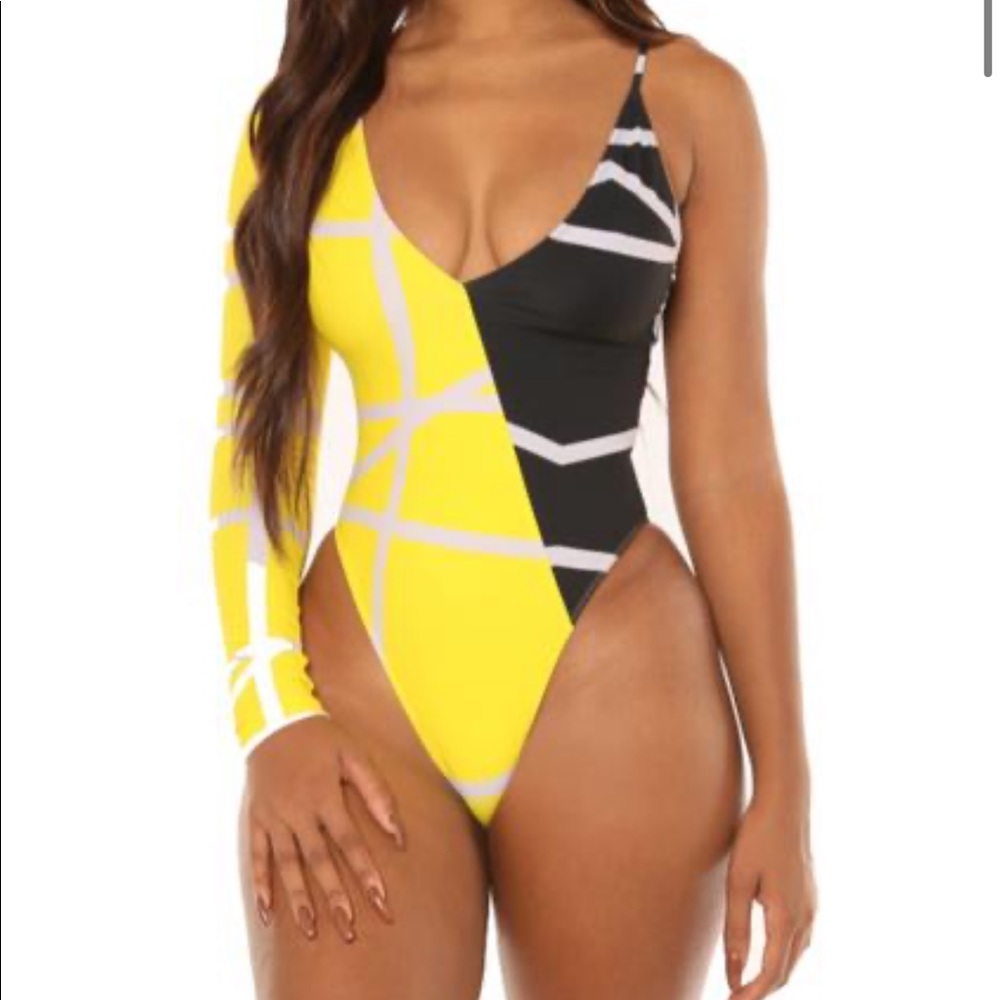 Yellow and Black Geometric One Piece Swimsuit